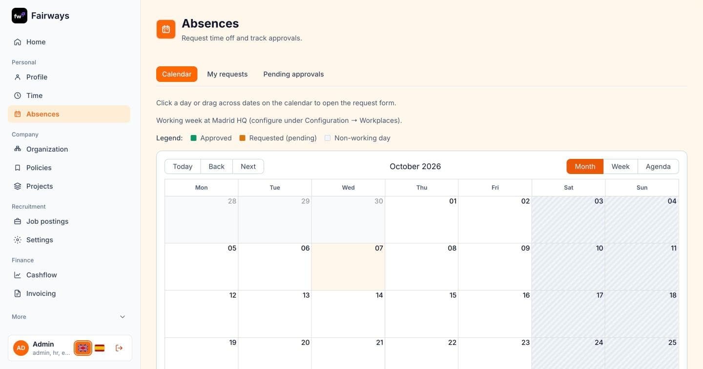 Absence calendar with the month view and legend