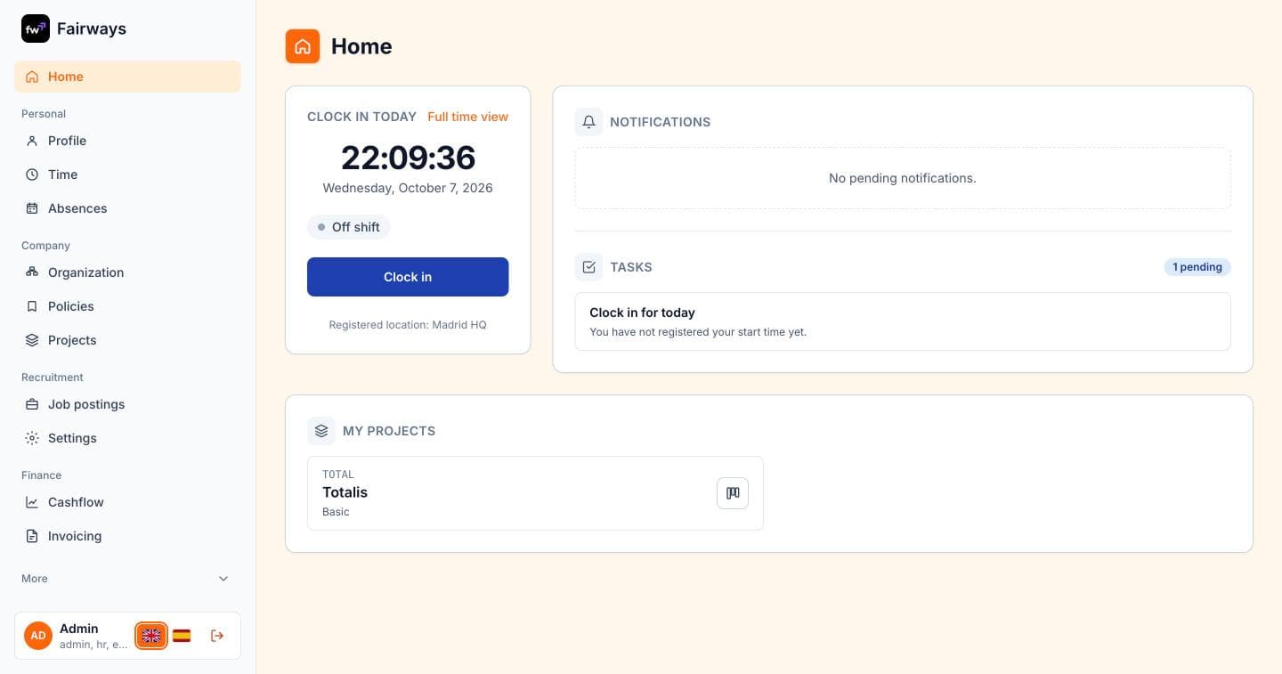 Totalis home dashboard with the clock-in card, notifications, tasks and projects